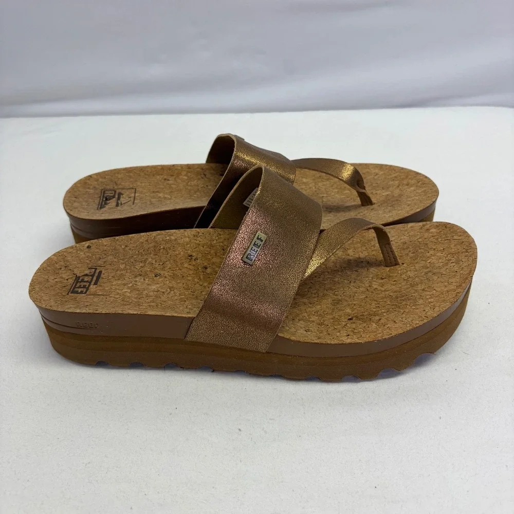 Reef Cushion Sol Hi Sandals Womens 9 Bronze Metallic Cork Platform Flip Flops